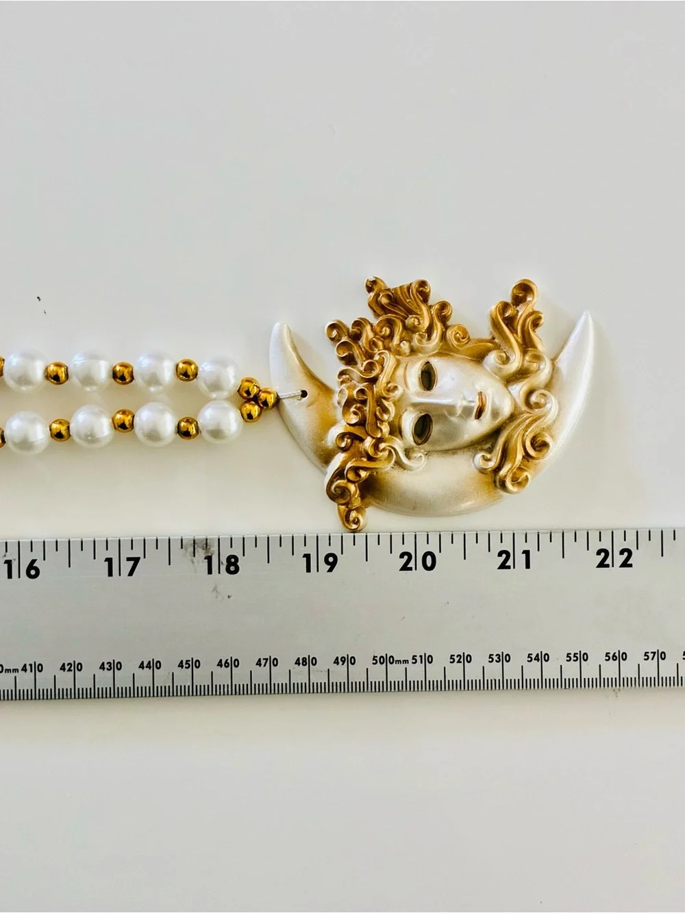 Venetian-Style Mardi Gras  White Pearl Bead Necklace with Gold Moon Mask Pendant